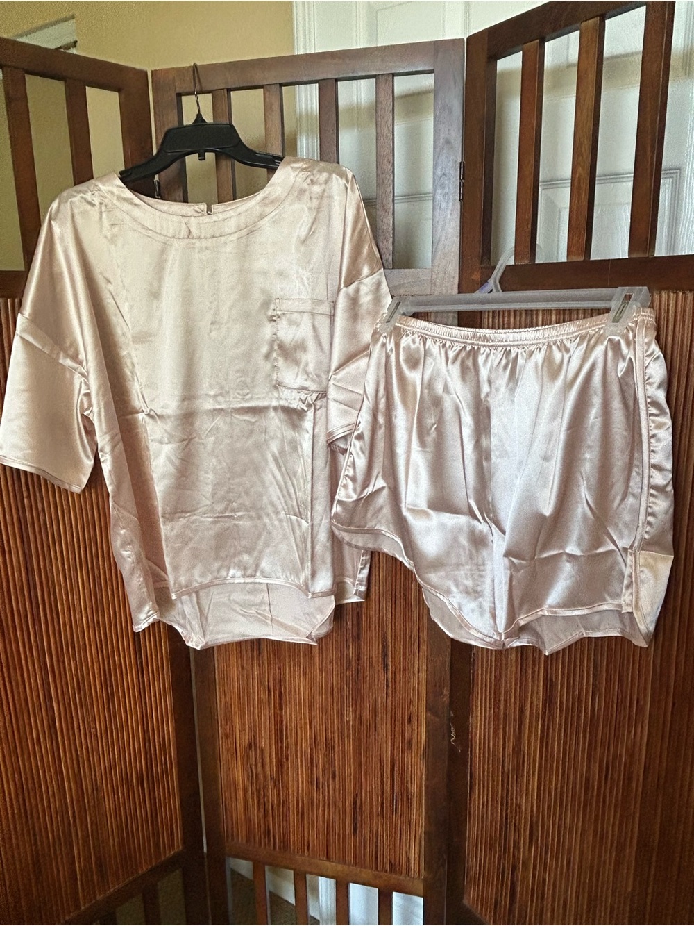 Satin Short Sleeve Pocket Top & Shorts Sleep Set - champagne color.